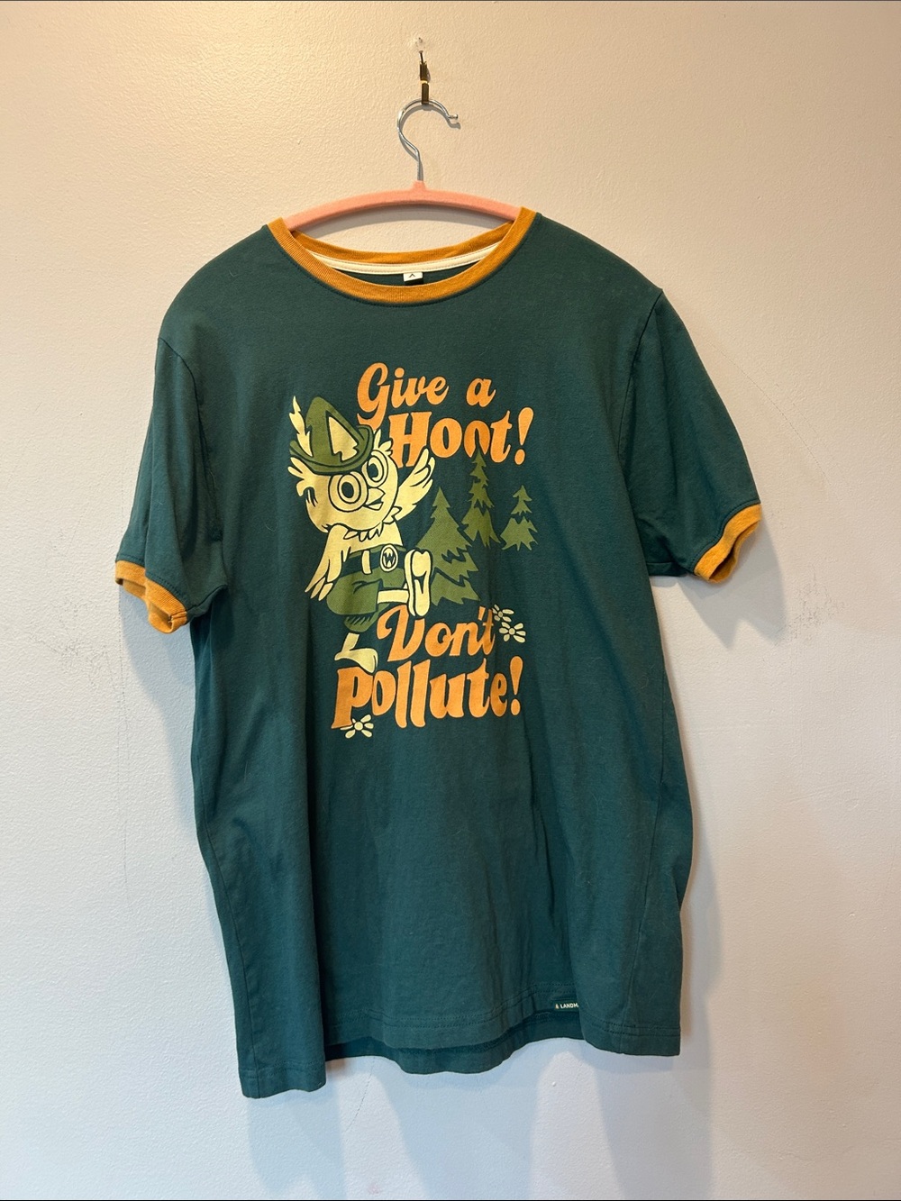 Give a Hoot! Don't Pollute! Green Ringer Short Sleeve Tee